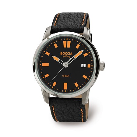 Boccia Black Leather & Case Watch w/Orange Markers - 3573-01 - Click Image to Close